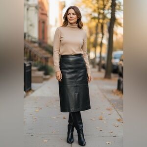 Vintage GIII Genuine Leather Midi Skirt Black Sz 8 High Waist Button Front USA